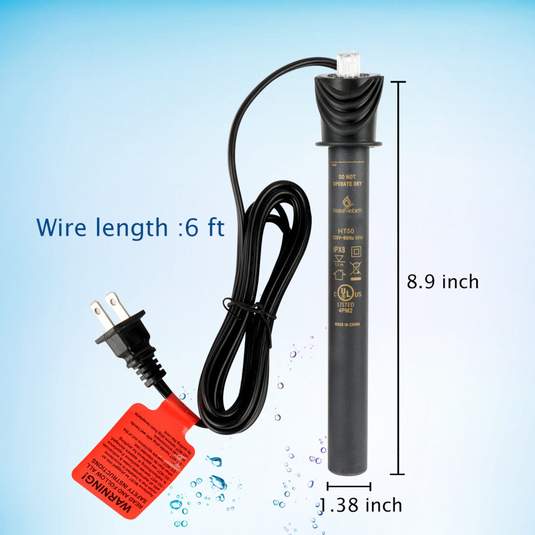 WaterRebirth HT-50 Submersible Aquarium Heater Engineering Plastic housing UL Listed- Fish Tank Heater - Water Heater for Fish Tank - Marine Water Heater - Aquarium Heater(50W)